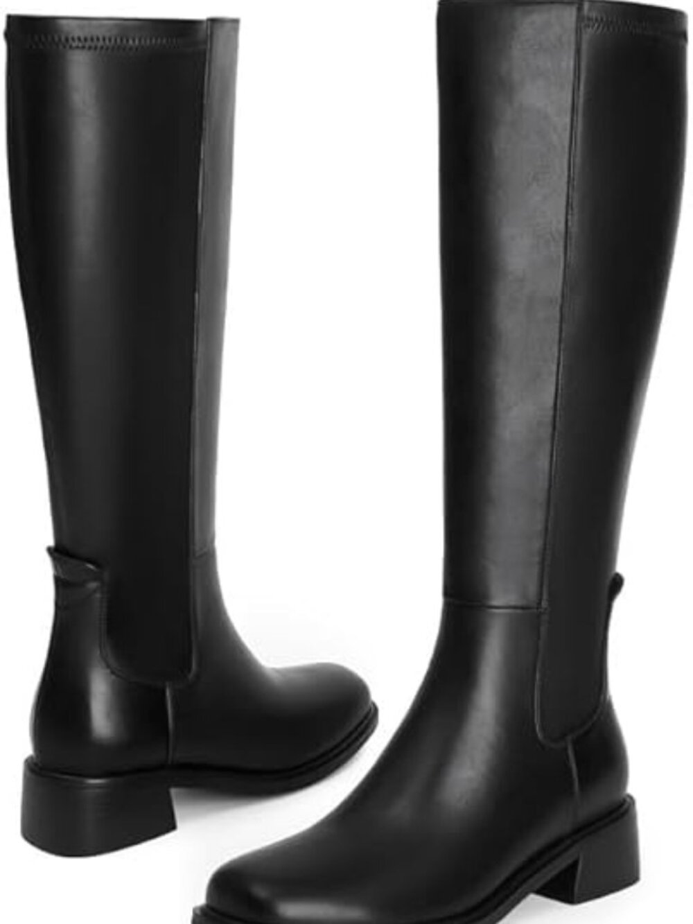 Women's Black Faux Leather Square Toe Knee High Stretch with Side Zipper Boots
